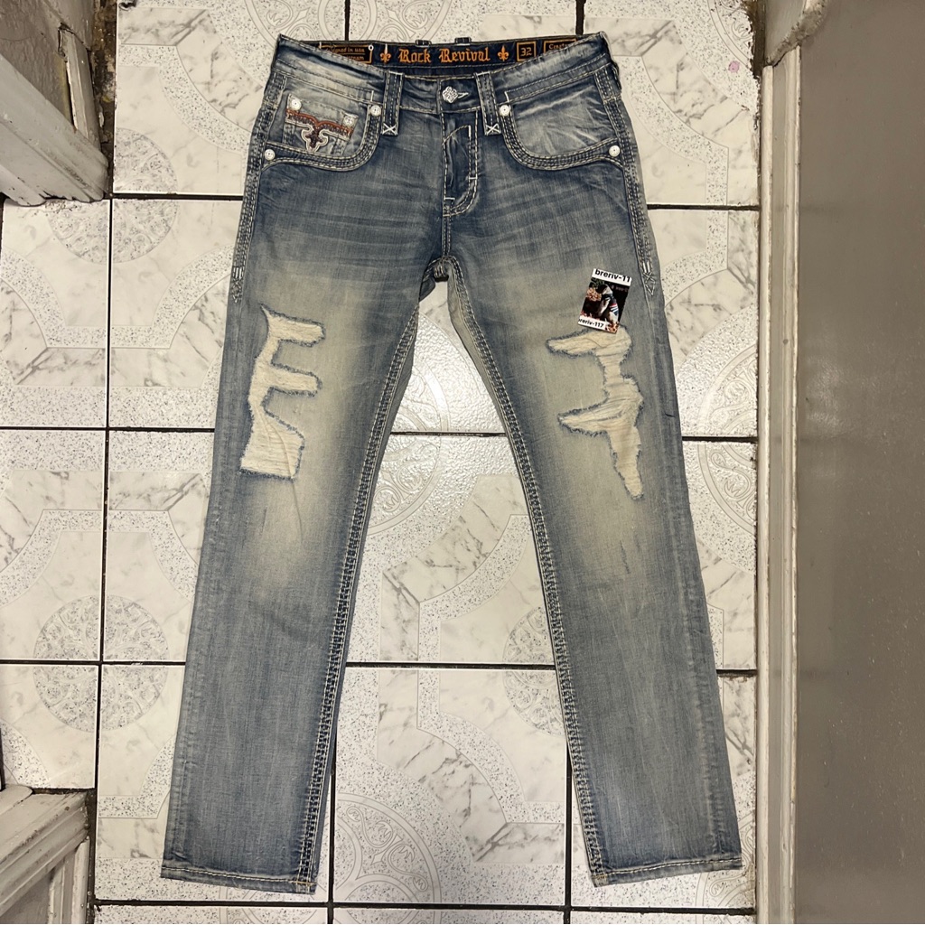 New Rock Revival “Creston” Slim Straight Denim Distressed Jeans Men’s Size 32